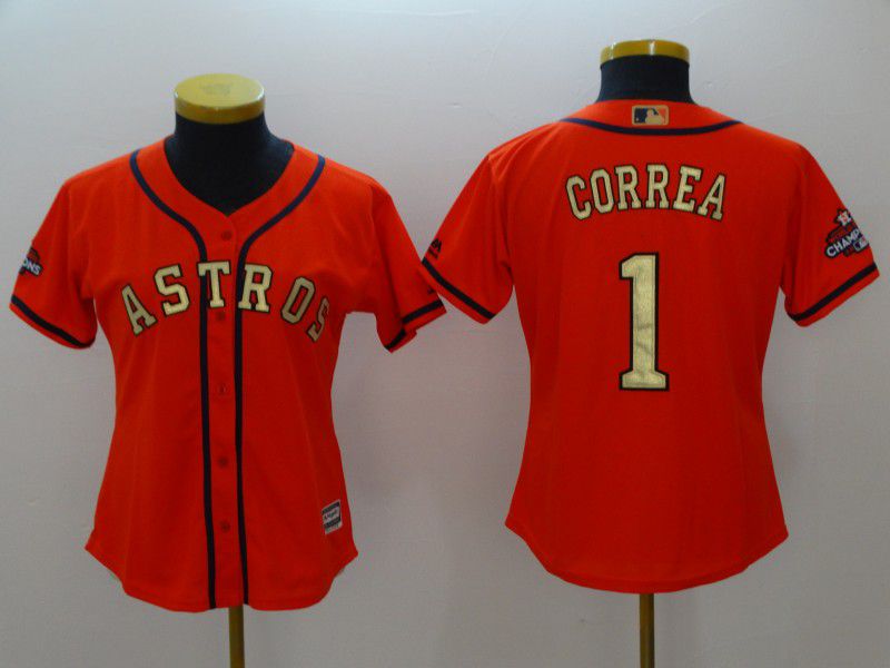 Women Houston Astros 1 Correa Orange Champion Edition MLB Jerseys